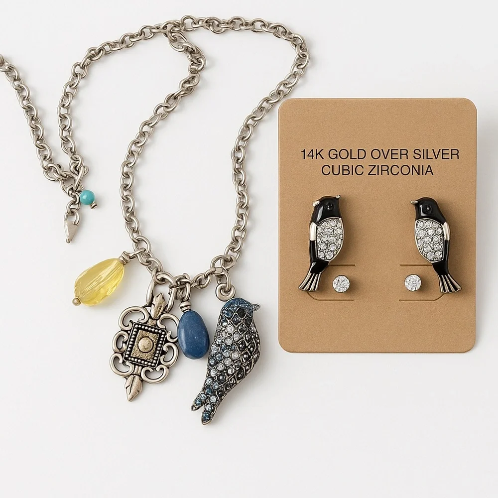 Lucky Brand Bird Charm Necklace + 14K Gold Over Silver CZ Bird Earrings Set - Picture 1 of 10
